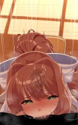 1boy 1girls anon balls balls_deep balls_deep_fellatio big_penis blowjob blush deepthroat doki_doki_literature_club eye_contact fellatio female green_eyes hair_ribbon half-closed_eyes heart-shaped_pupils huge_cock large_penis long_hair looking_at_viewer male mizumizuni monika_(doki_doki_literature_club) oral penis saliva school_uniform schoolgirl sweat veiny_penis x-ray you