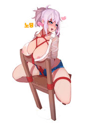 ahe_gao blue_eyes blush bondage breasts cleavage female hair happening18 huge_breasts immobile large_breasts nipple_slip nipples pussy_juice pussy_juice_pool restrained rope see-through shorts sitting sitting_backwards sitting_on_chair skimpy solo tears tied_up wet white_hair