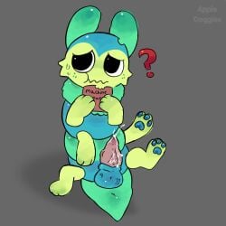 antennae antennae_(anatomy) appledoggies blue_body blue_eyes blushcrunch_studio bug caterpillar confused confused_expression confused_look cum cum_drip cum_on_body cum_on_penis dandy's_world dandys_world dick eating exposed_penis furry green_body question_mark roblox scared_face shy solo solo_male squirm_(dandy's_world)