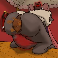 ambiguous_gender anthro anus big_butt blargamie bovid butt caprine crowning_feces cult_of_the_lamb digital_drawing_(artwork) digital_media_(artwork) excessive_feces fart feces feces_in_ass fur glowing glowing_belly horn hyper hyper_feces hyper_scat inflated_belly lamb_(cult_of_the_lamb) mammal massive_monster_(studio) nude pooping red_crown_(cult_of_the_lamb) scat sheep solo tail text white_body white_fur wool_(fur)