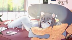 anthro butt chinchilla chinchillid cute_pose erection fluffy fluffy_tail fur genitals grey_body grey_fur hi_res male male/male mammal morning morning_wood penis rodent small_penis solo tail tired waqwaq