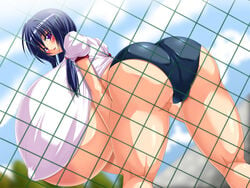 1girls 2d bb big_breasts blue_hair blush breasts buruma cameltoe character_request copyright_request day daytime female female_only gigantic_breasts gym_uniform huge_breasts human human_female human_only light-skinned_female light_skin looking_at_viewer looking_back nipples outdoors piyokorota purple_eyes solo underboob