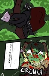 anthro arrow_(weapon) blood blood_on_face bodily_fluids bow_(weapon) brradett cape clothing comic duo female hi_res horn human lernie_(brradett) mammal ranged_weapon scalie weapon yellow_eyes