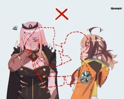 2girls ahoge armor black_dress brown_hair brown_streaks commentary covering_face crown dress english_commentary facepalm fellatio gigi_murin gigi_murin_(1st_costume) grey_background highres hololive hololive_english implied_futanari jacket lewd_security_verification looking_at_another low_twintails mori_calliope mori_calliope_(1st_costume) multicolored_hair multiple_girls oral orange_jacket pauldrons pink_hair pomuya profile red_eyes shoulder_armor simple_background spiked_pauldrons spikes squiggle streaked_hair twintails twitter_username virtual_youtuber