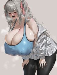 1girls absurd_res bare_shoulders bent_forward bent_over blush breasts cleavage cleavage_overflow closed_eyes commentary_request covered_nipples female female_focus female_only grey_hair grey_jacket grey_skirt hair_ribbon hands_on_thighs highres huge_breasts jacket jacket_partially_removed large_breasts long_hair nipple_bulge nipples nipples_visible_through_clothing oekakizuki off_shoulder open_mouth original overflowing_breasts pantyhose pink_ribbon simple_background solo sweat twintails