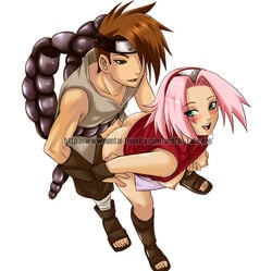 1boy 1girls 2d ass bent_over blush breast_grab breasts female female_penetrated from_behind green_eyes hair happy happy_sex human human_female human_male human_only human_penetrated human_penetrating human_penetrating_female human_penetrating_human konohagakure_symbol male male_penetrating male_penetrating_female male_penetrating_human naruto naruto_shippuden otogakure_symbol penetration penis pink_hair sakura_haruno sandals sex sex_from_behind simple_background smile straight straight_hair tabe-chan uncensored white_background