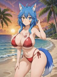 1girls ai_generated animal_ear_fluff animal_ears artist_request bare_midriff bare_thighs beach big_ass big_breasts bikini blue_eyes blue_hair clouds deviantart_username facial_markings feet_out_of_frame female female_only fox fox_ears fox_girl fox_tail heterochromia huge_ass huge_breasts navel oc ocean original original_character palm_tree red_bikini red_swimsuit sand sexy_pose side-tie_bikini sideboob solo source_request standing sun swimsuit tail two-piece_swimsuit underboob water watermark yellow_eyes