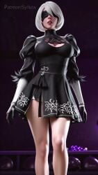 3d ai_generated big_breasts big_penis black_blindfold blindfold dickgirl dress erection female female_to_futa futa_on_futa futanari gothic navel nier:_automata penis pussy short_hair skirt tearing_clothes testicles uncensored video white_hair yorha_2b