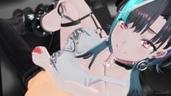 1boy 1girls 3d animated black_hair bouncing_breasts breasts censored clothed_sex clothing collar cum earrings ejaculation handjob hololive hololive_dev_is hololive_flow_glow huge_breasts light-skinned_female light-skinned_male light_skin looking_at_viewer male_pov mikumikudance mmd mosaic_censoring penis pink_eyes pov rindo_chihaya sound video virtual_youtuber zuzuzu3d