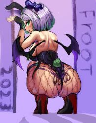 1girls 2023 arched_back ass ass_focus bare_back bare_shoulders behind_view big_ass big_breasts big_butt blush breasts bunny_costume bunny_ears bunny_girl bunny_tail butt_focus exposed_back eyelashes female fingerless_gloves fishnet_stockings fishnet_thighhighs fishnets from_behind froot gloves green_eyes grey_hair heels high_heels hips hips_wider_than_shoulders horns huge_ass huge_breasts huge_butt indie_virtual_youtuber large_ass large_breasts large_butt leotard looking_at_viewer looking_back mole mole_on_ass open_mouth short_hair sideboob skindentation slayertot solo squatting sweat sweating tail text thick thick_ass thick_thighs thighs tight_clothing virtual_youtuber vtuber wide_hips wings