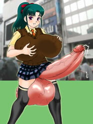 2d balls balls_between_legs balls_to_knees breasts erect_penis erection futa_only futanari hair_ribbon huge_breasts huge_cock intersex makita_aoi penis precum school_uniform schoolgirl