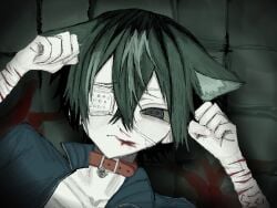 >_< 1boy @_@ aisu_w animal_ears bags_under_eyes belt_collar bishounen black_eyes black_hair blood blood_on_ground blood_on_mouth blue_jacket cat_day cat_ears clenched_hands closed_mouth collar collarbone cuts ears_down extra_ears eyepatch from_above furrowed_brow hair_between_eyes half-closed_eyes hands_up highres implied_self-harm injury jacket looking_at_viewer lying male_focus nosebleed on_back on_floor original portrait red_collar sidelocks solo tile_floor tiles vignetting wrist_cutting