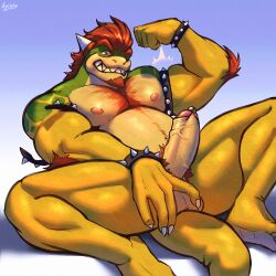 1:1 1boy anthro arihho bodily_fluids body_hair bowser erection flexing flexing_bicep foreskin furry furry_male furry_only genitals hair humanoid_genitalia humanoid_penis koopa male male_nipples male_only mario_(series) muscles muscular muscular_male nintendo nipples pecs penis red_hair reptile scalie smile smiling_at_viewer solo_focus solo_male tail thick_thighs turtle yellow_skin