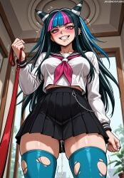 1girl after_sex ai_generated artist_name bangs black_clothes black_hair black_nails black_sailor_collar black_skirt blue_hair blue_thighhighs blurry_background blush breasts chain clothing collarbone cum cum_in_pussy cumdrip danganronpa danganronpa_(series) danganronpa_2:_goodbye_despair ear_piercing female female_only femdom from_below green_thighhighs grin hair_horns hand_up holding holding_leash indoors jewelry jousneystudio large_breasts leash leash_pull legwear long_hair long_sleeves looking_at_viewer looking_down medium_breasts miniskirt mioda_ibuki multicolored_hair nail_polish neckerchief patreon_username piercing pink_eyes pink_hair pink_neckerchief pleated_skirt ring sailor_collar school_uniform serafuku shirt skindentation skirt smile solo standing teeth thighhighs thighs torn_clothes torn_legwear torn_thighhighs trembling uniform viewer_holding_leash web_address white_hair white_shirt zettai_ryouiki