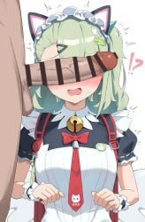 !? 1boy 1girls angels_of_delusion animal_ear_hairband animal_ears bar_censor bell black_dress blush cant_see_the_haters cat_ear_hairband cat_ears censored clothed_female_nude_male commentary_request dress erection fake_animal_ears female frilled_sleeves frills ghost_hair_ornament green_hair hair_ornament hairband highres maid maid_headdress multiple_hair_clips neck_bell nude official_alternate_costume open_mouth penis penis_covering_eyes penis_on_face penis_over_eyes peterchuu red_bag simple_background sunna_(afternoon_tea_break)_(zenless_zone_zero) sunna_(zenless_zone_zero) sweat testicles triangle_hair_ornament veins veiny_penis white_background white_wings winged_bag wings zenless_zone_zero