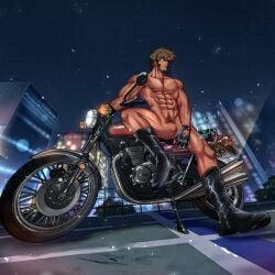 1boy abs artist_signature biceps big_areola biker boots breasts brown_hair censored censored_balls censored_penis city city_background city_lights collarbone dust_particles edited eight_pack exhibitionism eyebrows_visible_through_hair fingerless_gloves furooke_(emdrakum) gay gloves happy_trail hi_res kawasaki_motors kawasaki_z1 king_of_huro legs_apart low-angle_view male male_breasts male_only manly mature_male mosaic_censoring motorcycle muscles muscular muscular_arms muscular_legs muscular_male muscular_neck muscular_thighs navel neutral_expression night night_sky one_leg_up original original_character outdoor_nudity outdoors pecs pubic_hair public public_nudity quadriceps short_hair sideburns sitting six_pack solo spread_legs thank_you thick_eyebrows tough_guy veiny_arms veiny_breasts yaoi