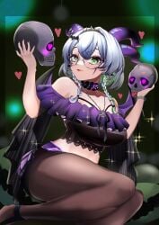 1girls bare_shoulders bat_hair_ornament big_breasts black_nails blush braid braided_hair breasts camisole cheek_markings collar detached_collar earrings eyeshadow female flesh_fang frilled_camisole frills froot glasses green_eyes green_hair grey_hair hair hair_ornament headband heart heart-shaped_pupils heart_eyes heart_symbol hearts_around_head holding_skull horn_piercing horns huge_breasts indie_virtual_youtuber large_breasts long_sleeves looking_at_viewer midriff multicolored_hair nail_polish necklace off_shoulder open_mouth painted_nails pale-skinned_female pale_skin pantyhose pencil_skirt purple_eyeshadow round_glasses short_hair sidelocks skirt skull skull_head smile solo spiked_headband swept_bangs thick_thighs thighs tongue virtual_youtuber vtuber wide_hips wings wristband wristwear
