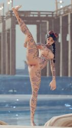 beach beach_background fortnite jules_(fortnite) pussy_juice_drip tagme tattoo