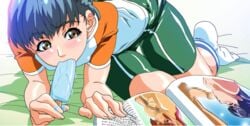 bike_shorts blue_hair blush brown_eyes censored character_request erogos fellatio food love_fetish lying maki_daikichi no_shoes oral popsicle porn_magazine sasamiya_kaoru sexually_suggestive short_hair socks sucking suggestive thigh_gap tomboy