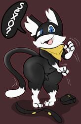 absurd_res anthro atlus balls big_butt black_body black_fur butt clothed clothing domestic_cat felid feline felis fur genitals hi_res humanoid_genitalia humanoid_penis inviting jjeoe kerchief looking_at_viewer male mammal markings mask megami_tensei morgana_(persona) narrowed_eyes penis persona_(series) persona_5 presenting prostitution requesting seductive sega sex_request simple_background smile solo tail tail_markings text tuxedo_cat white_body white_fur