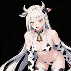 accurate_art_style ai_generated blanc_(nikke) cow_girl cow_print cute_face edit edited fangs female female_only goddess_of_victory:_nikke small_breasts video_game_character white_hair yellow_eyes