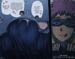 2d 2d_(artwork) ass ass_focus ass_grab big_ass bottom_heavy dialogue enormous_ass gigantic_ass grope groping_ass huge_ass itadori_yuuji jujutsu_kaisen laying_on_bed massive_ass text theodyss thick_ass yuta_okkotsu zenin_maki