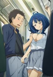 1boy 1girls ai_generated blush breast_grab breasts bulge bulge_grab cleavage erection_under_clothes female foreplay grabbing grabbing_bulge grip groping hand_grip large_breasts licking_lips licking_own_lips looking_down make_heroine_ga_oo_sugiru! naughty naughty_face no_bra one_arm_up one_hand_up open_clothes open_shirt public school_uniform seductive standing staring train train_interior watermark yanami_anna zzz7