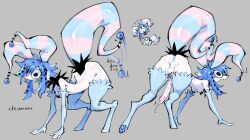 all_fours anthro anus backsack balls bell big_penis blep blue_body blue_hair breasts btascandalist digitigrade forked_tongue genitals grey_background gynomorph gynomorph_anthro hair hi_res imp intersex intersex_anthro long_penis mammal nonbinary_(lore) pawpads paws penis perineum pink_body rear_view simple_background small_breasts solo striped_body stripes tail tail_anus tail_motion tailwag thick_thighs tongue tongue_out white_body wide_eyed wide_hips