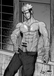 1boy abs artist_signature bandage bandaged_arm bandaged_hand biceps big_areola big_glans big_penis black_and_white boxers breasts censor_bar censored censored_penis collarbone drawstring erection foreskin foreskin_folds frenulum furooke_(emdrakum) gay greyscale grin headgear hi_res inviting inviting_to_sex king_of_huro leaning_back light_hair looking_at_viewer male male_only manly mature_male monochrome muscles muscular muscular_arms muscular_male muscular_neck navel original original_character pants_down pecs penis pointless_censoring precum precum_drip pubic_hair retracted_foreskin scar scar_on_chest scar_on_face scar_on_shoulder seductive short_hair six_pack slicked_back_hair smirk standing sweat sweatdrop sweating sweaty thick_penis topless tough_guy uncircumcised uncut veiny_arms veiny_belly veiny_neck veiny_penis very_high_resolution yaoi