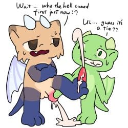 1:1 2_horns 3_toes anthro awkward_moment big_penis blue_arms blue_feet blue_legs blue_tail bodily_fluids claws cum cum_in_air cum_on_feet cum_on_ground cumshot dragon duo ejaculation english_text european_mythology feet foot_fetish foot_on_penis foot_play footjob genital_fluids genitals glans green_arms green_body green_ears green_feet green_legs green_tail head_horn horn humanoid_genitalia humanoid_penis light_horn light_wings male monotone_horn multicolored_body multicolored_penis mythological_creature mythological_scalie mythology nomani_(nomani_int32) nomani_int32 on_one_leg penis pink_glans pink_penis plantigrade scalie sex smooth_horn speech_marker standing tail tapering_penis text toes two_tone_penis wasabi_(nomani_int32) western_dragon wing_claws wings wyvern yellow_body