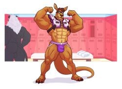 3_toes 5_fingers abs almasy alpha_channel anthro ass backsack balls barazoku bench biceps big_muscles biped black_body black_fur blue_eyes brown_body brown_claws brown_eyebrows brown_finger_claws brown_fur brown_hair brown_nose brown_toe_claws bulge claws closed_smile clothed clothed_anthro clothed_male clothing countershade_face countershade_fur countershade_torso countershading dangaroo detailed_background detailed_bulge digital_drawing_(artwork) digital_media_(artwork) duo eyebrows eyewear facial_hair feet felid finger_claws fingers fist flexing flexing_bicep flexing_both_biceps floor football_gear front_view full-length_portrait fur genitals glasses hair hi_res humanoid_hands inside jockstrap kangaroo lion locker locker_room macropod male male_anthro mammal mane marsupial mouth_closed muscular muscular_anthro muscular_arms muscular_male muscular_thighs nude nude_anthro nude_male pantherine pecs plantigrade portrait purple_clothing purple_jockstrap purple_underwear quads rear_view rectangular_glasses red_kangaroo shaded shoulder_pads sideburns simple_background smile solo_focus standing tail tan_body tan_countershading tan_fur tan_inner_ear tile tile_floor toe_claws toes topless topless_anthro topless_male towel transparent_background triceps underwear wearing_glasses white_mane