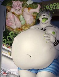 absurd_res aniki_faux_(character) anikifaux anthro appliance blush bodily_fluids boxers_(clothing) bulge burger burping canid canine clothing cookie cum dinu duo erection felid feline food food_fetish food_play fridge genital_fluids hi_res internal kitchen_appliance male male/male mammal messy moobs nipples open_fridge organs panties pawpads paws pizza rumbling_stomach stomach stomach_bulge tongue underwear vore