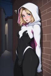 1futa ai_generated alley big_ass blonde_hair blue_eyes futanari gwen_stacy night small_breasts small_penis spider-gwen white_skin