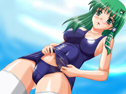 1girls 2d blue_sky blush breasts cameltoe female female_only green_eyes green_hair hair_ornament human human_female human_only long_hair open_mouth outdoors sanae_kochiya sky solo standing swimsuit thighhighs touhou white_skin yassaba_taichou