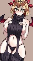 1girls areola areola_slip areolae areolae_slip ass ass_visible_through_thighs bare_shoulders belly_button big_breasts blonde_female blonde_hair blush braid braided_hair breast_hold breasts breasts_squeezed_together cowboy_shot dutch_angle female froot green_eyes hands_on_breasts hands_on_own_breasts headband horns huge_breasts indie_virtual_youtuber looking_at_viewer midriff multicolored_hair navel nyapii pale-skinned_female pale_skin panties red_hair revealing_clothes short_hair sideboob slim_waist smile solo spiked_headband thick thick_hips thick_legs thick_thighs thigh_gap thighs virgin_destroyer_sweater virtual_youtuber vtuber wide_hips wings