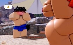 1boy 1girls 3d ass beach big_ass big_breasts bikini black_hair blush boxers breasts bulge bulge_through_clothing collar cow_ears daro_(tarro3d) dialogue dog_boy dog_ears dog_tail english_text female female_focus freckles_on_ass grena hair horns leaking_precum leaking_through_clothing light-skinned_male male male_focus multicolored_hair nude orange_hair original_character reyna_(grena) roblox robloxian tan-skinned_female tan_skin text thick_thighs thighs tight_bikini tight_fit twintails two-tone_hair
