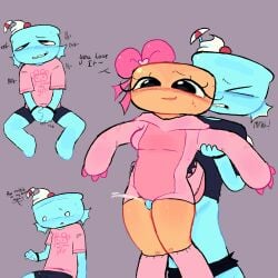 bonessss_(artist) clothing cum cum_in_clothes cum_in_clothing cum_in_pants cum_outside cumshot dandy's_world finn_(dandy's_world) shelly_(dandy's_world) thigh_sex