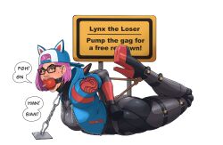 1girls bondage bound bound_ankles bound_arms bound_legs bound_wrists collar english_text female female_only femsub fortnite fully_clothed gag gagged glasses high_heels hogtie inflatable_gag lock lynx_(fortnite) padlock pink_hair png pump_gag shiny_clothes skelebomb text tight_clothing transparent_background