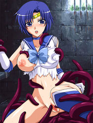 1girls 2d ami_mizuno bishoujo_senshi_sailor_moon blue_hair blush breasts censored clothing erect_nipples erect_nipples_under_clothes female female_only human human_female large_breasts light-skinned_female light_skin muchibu one_breast_out pussy sailor_mercury short_hair tentacle torn_clothes