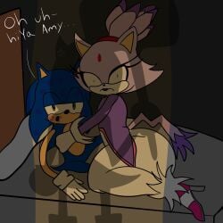 1boy 2girls after_kiss amy_rose anthro bed bedroom blaze_the_cat cowgirl_position cuckquean curvydoodles dialogue imminent_death lipstick_mark lipstick_mark_on_face netorare purple_lipstick shadow sillouette sonic_(series) sonic_the_hedgehog sonic_the_hedgehog_(series)