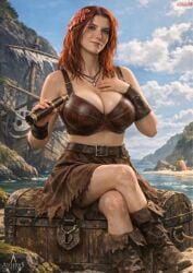 anne_bonny assassin's_creed_iv:_black_flag ubisoft assassin's_creed_(series) 1girls shipwreck treasure_chest sitting sitting_female leg_over_leg necklace looking_at_viewer smiling_at_viewer smiling female_focus female_only female pineapple_house breasts bra brown_bra red_hair long_hair belt boots skirt hand_over_breast holding_telescope telescope series_logo ai ai_art ai-created ai_generated self_upload quinzo11 bluesky_link artist_name artist_logo alternate_version_at_source