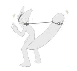 3_eyes anthro bodily_fluids collar_on_penis conjoined connected_collars domestic_cat eye_patch eyewear felid feline felis fur genital_fluids genital_leash genitals grey_body grey_fur hi_res humanoid leash leash_pull leashed_together living_penis male mammal multi_eye pastry404 penis precum prehensile_penis sentient_penis solo sweat tail tail_genitals tail_penis unusual_anatomy unusual_genitalia unusual_genitalia_placement unusual_penis unusual_penis_placement unusual_tail white_body white_fur