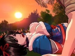 1boy 1boy1girl 1girls 3d 4:3 big_breasts black_hair blonde_hair breasts bust busty castle chest cleavage curvaceous curvy curvy_figure dark_hair digital_media_(artwork) fairy_tales female folklore hourglass_figure huge_breasts imminent_kiss large_breasts light-skinned_female light-skinned_male light_skin male male/female mass_creation mature mature_female official_art prince_charming_(swords_and_slippers) red_lips short_hair sleeping snow_white_(swords_and_slippers) straight sunset swords_and_slippers thick tree voluptuous