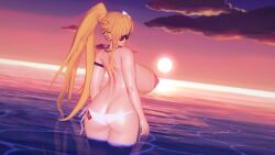 1girls 3d artoria_pendragon artoria_pendragon_(lancer) ass_focus beach big_ass bikini blonde_hair breasts dusk fate/grand_order fate_(series) female female_only gustavo40 huge_breasts jetjaguar koikatsu light-skinned_female ponytail solo solo_female solo_focus sun sunglasses sunset tagme topless topless_female water
