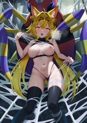 ahe_gao ahegao ahegao_face ariados bells blonde_hair boob_window breasts breasts_out cat_ears catgirl censored_pussy character_request long_hair long_socks male_pokemon/female_human outdoor_sex outdoors pokemon pokephilia sex_from_behind shoichi_(artist) spider_web standing standing_sex thong thong_aside tied_up twintails yellow_eyes