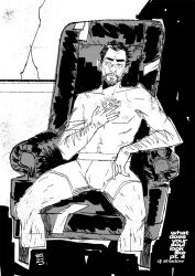 1boy 2023 artist_initials beard black_and_white body_hair facial_hair framead7 gordon_freeman grayscale half-life half-life_2 human male male_nipples male_only mature_male monochrome mustache no_visible_genitalia penis_bulge scars solo underwear underwear_only