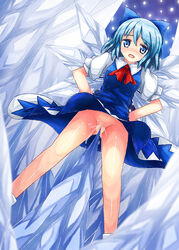 90i blue_eyes blue_hair blush bow cirno dress female from_below hairbow hands_on_hips highres ice ice_wings no_panties pussy pussy_juice short_hair solo tear touhou vaginal_insertion wings