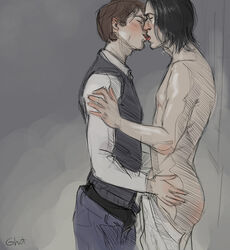 2boys black_hair brown_hair bulge closed_eyes cmnm erection_under_clothes ghot harry_potter imminent_sex kissing male multiple_males pants_open remus_lupin rough_sketch severus_snape tagme tongue_kiss undressing vest yaoi