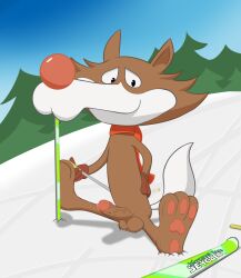 anthro brown_fur canine first_porn_of_character male_only mascot olympic_mascot olympics outside pawpads precum scarf sergaelic ski snow tail veiny_penis vucko_(mascot) winter winter_olympics wolf