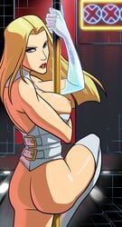 1girls anus ass blonde_hair blue_eyes breasts emma_frost female gloves long_hair marvel nipples pole_between_breasts solo stripper_pole white_queen x-men zet-m zet13